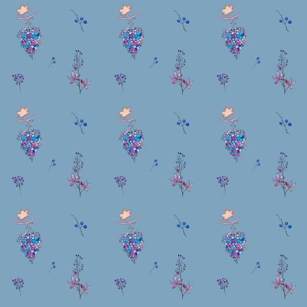 Seamless watercolor pattern with blue berries and a bunch of grapes on a solid background - Photo, Image