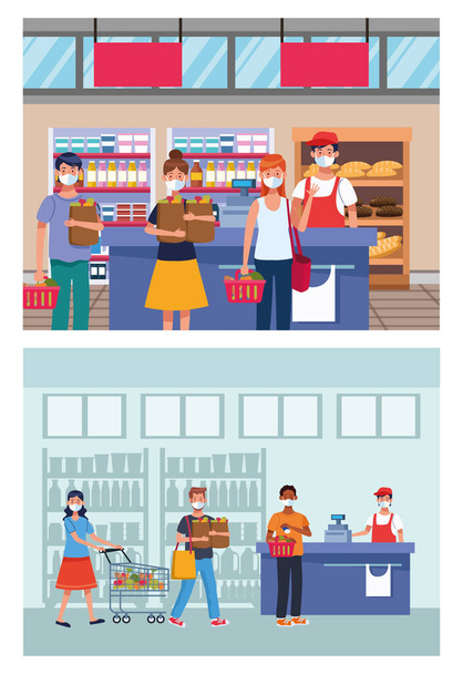 people shopping in supermarket with face mask - Vector, Image