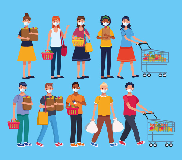 люди ходят по магазинам в супермаркете в маске
 - Вектор,изображение