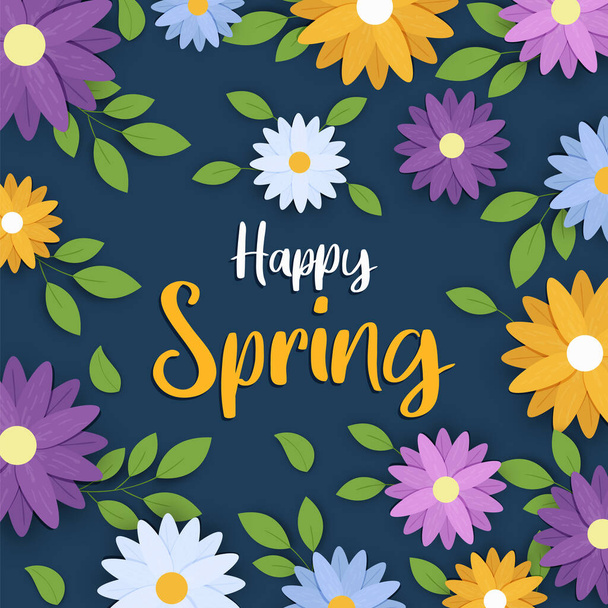 Happy spring greeting card of colorful floral season illustration with seasonal text quote. Diverse flower decoration design for nature holiday or springtime background. - Vector, afbeelding