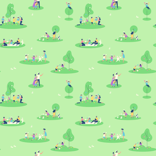 Easter holiday seamless pattern of happy family people enjoying spring season at outdoor park. Colorful springtime background with rabbit animals and eggs for festive event. - Vector, imagen