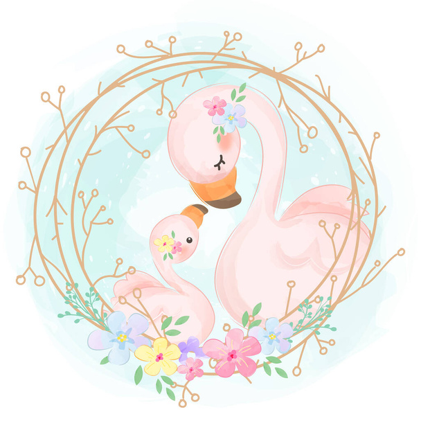 schattig flamingo moederschap illustratie, dier clipart, baby douche decoratie, bos illustratie. - Vector, afbeelding