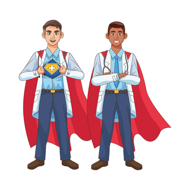 super médicos interracial con capa de héroe y escudo vs covid19
 - Vector, Imagen