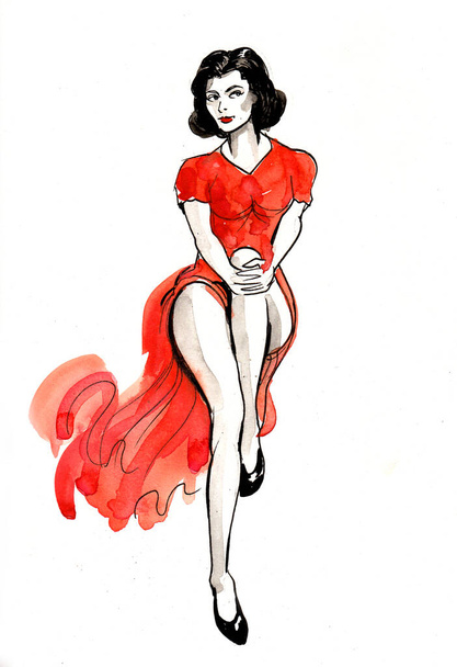 Beautiful woman in red dress. Ink and watercolor drawing - Fotografie, Obrázek