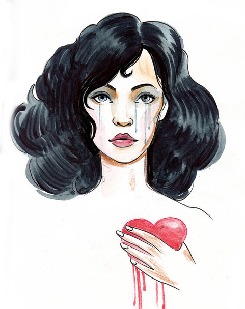 Mooie huilende vrouw met een bloedend hart. Inkt en aquarel illustratie - Foto, afbeelding