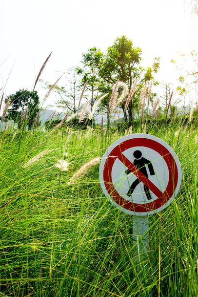 Zakaz wtargnięcia, zakaz przekraczania granicy, i nie wpisuj znaku stojącego samotnie przed pięknym ogrodem zieleni - Zdjęcie, obraz