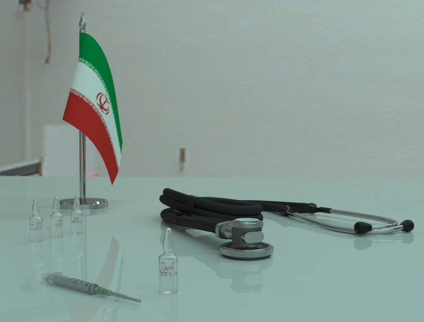Injekční stříkačka, vakcína proti koronoviru COVID 19 a fonendoskop na lékařském stole v Íránské islámské republice. - Fotografie, Obrázek