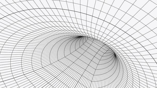 3D drátěný tunel. Struktura pozadí perspektivní mřížky. Model Meshy červí díry. Vektorová ilustrace. - Vektor, obrázek