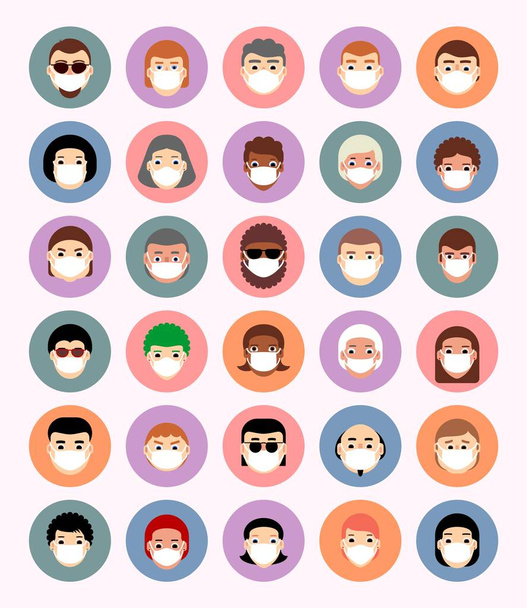 Gemaskerde gezichten in cirkels, avatars, iconen, mensen van verschillende nationaliteiten in vlakke stijl. Gevaar voor infectie met virus covid-19 - Vector, afbeelding