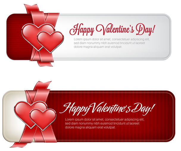 Vector valentine's day banners with satin red ribbon and two glossy hearts - Vektor, obrázek