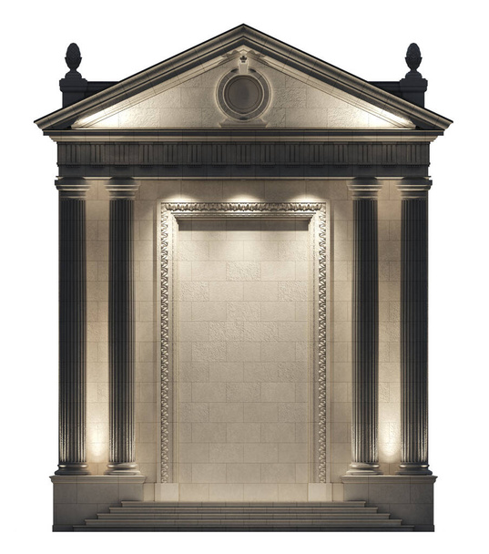 Портик с подсветкой на белом фоне. Архитектурные элементы классического фасада здания. 3D рендеринг
 - Фото, изображение