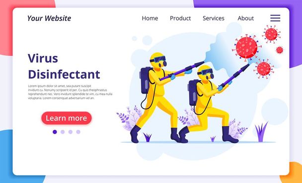 Disinfectant worker team in hazmat suits sprays cleaning and disinfecting covid-19 coronavirus cells. protection from virus concept. Modern flat web landing page design template. Vector illustration - Vector, Image