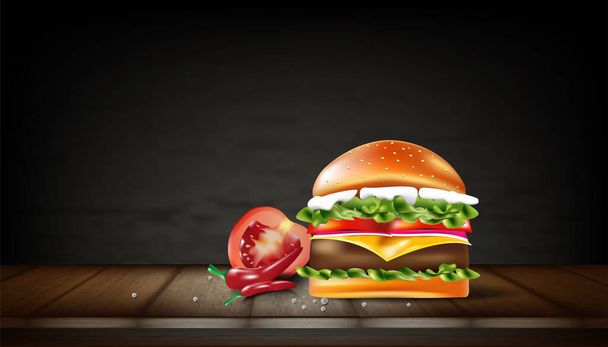Hamburger βοείου κρέατος σε ξύλο υφή τραπέζι φόντο. Σχεδιασμός εικονογράφησης διανύσματος. - Διάνυσμα, εικόνα