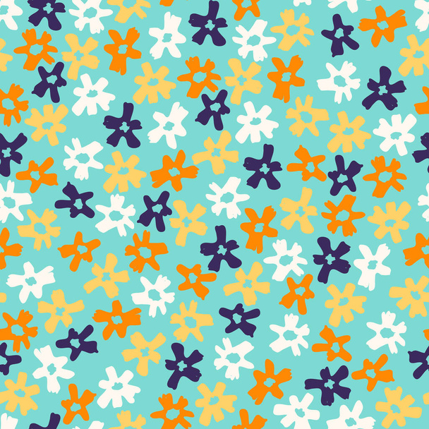 Płynny wzór z ręcznie rysowane kwiaty polne. Mały wzór na niebieskim tle - Wektor, obraz