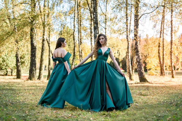 Senhoras em elegantes vestidos verdes andando no parque de outono. Menina morena Dreamy meninas rindo ao ar livre
 - Foto, Imagem