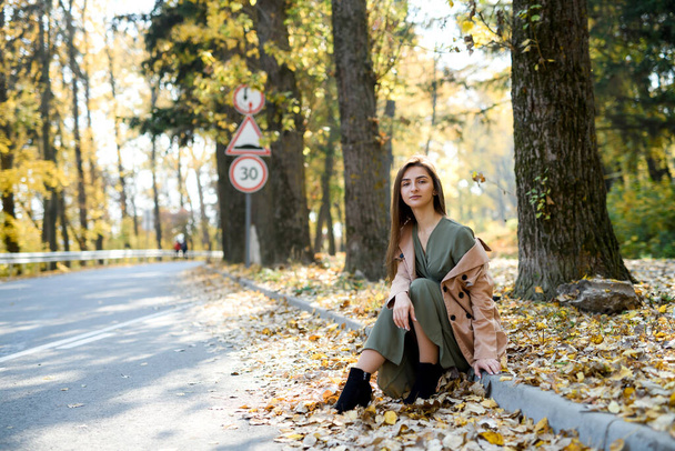 Autumn colours. Beautiful woman in coat posing in forest on roadside - Photo, image