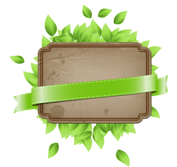 Vector vintage paper - cardboard banner with green leaves - Vettoriali, immagini