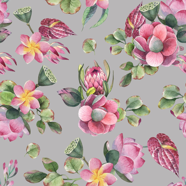 Watercolor seamless pattern, bouquet of green leaves pink and red tropic flowers on gray background. Floral element for wallpapers and fabric. - Фото, изображение