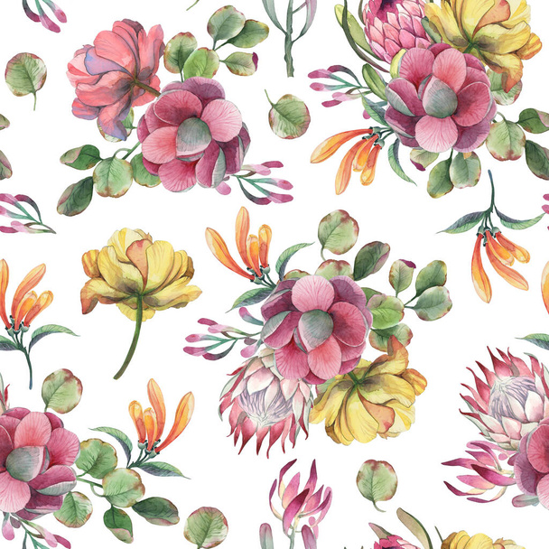 Watercolor seamless pattern, bouquet of green leaves yellow and red tropic flowers isolate in white background. Floral element for wedding and invitation cards. - 写真・画像