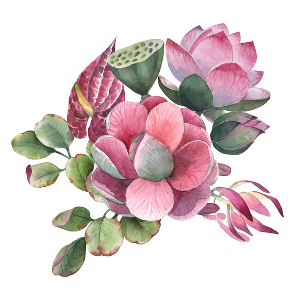Watercolor bouquet of green leaves pink and red tropic flowers isolate in white background. Floral element for wedding and invitation cards. - 写真・画像
