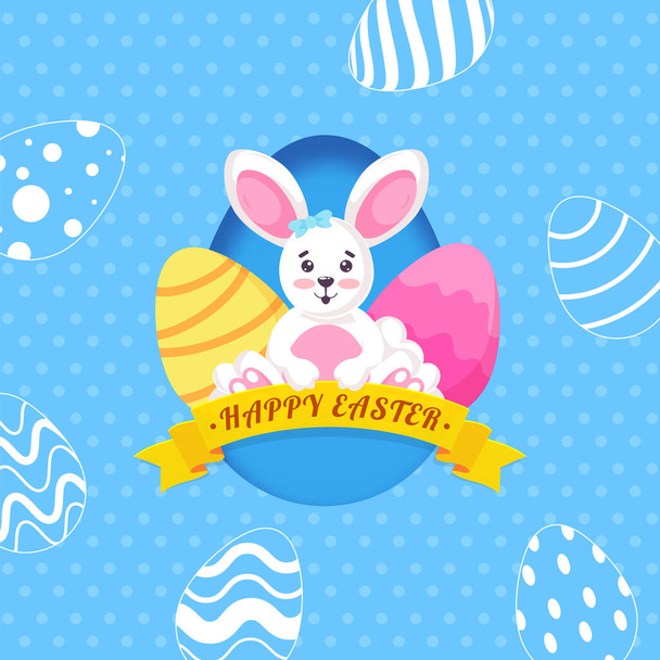 Cute Easter Bunny and Decorative Eggs on Doodle Skyblue Background.  - Vektör, Görsel
