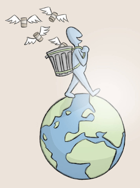 Ілюстрація про переробку, екологію та фріганізм. Бездомний вільний персонаж, що йде на Землю зі сміттєвим баком на спині і відходами, що відлітають. Чоловік заробляє на життя зі сміттям
 - Фото, зображення