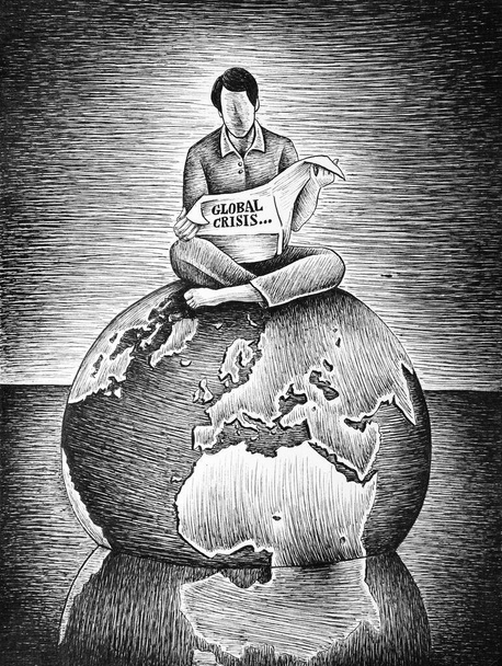 Rysunek przedstawiający człowieka siedzącego na planecie, tonącego w wodzie, czytającego gazety ze słowami globalny kryzys. Wizerunek zmian klimatycznych, kryzys polityczny, system informacyjny, ekologia, kapitalizm       - Zdjęcie, obraz