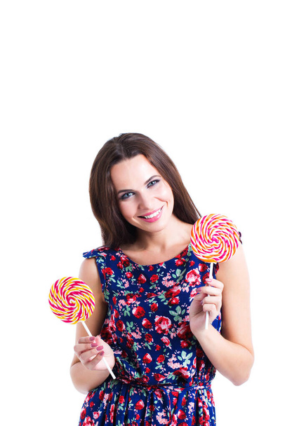 Beauty woman with colourful lollipops. Sweet life and confectionary. - Foto, Imagen