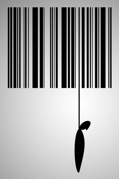 Minimalna ilustracja pokazująca kod kreskowy z opadającą liną i małą postacią popełniającą samobójstwo. Symbol kapitalizmu, konsumpcji i zmian klimatycznych - Zdjęcie, obraz