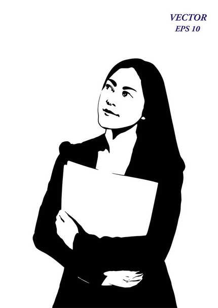 Vektorová silueta úspěšné asijské ženy vypadá zamyšleně. Podnikatelka držící složku s dokumenty a vzhlížející, izolovaná na bílém pozadí. EPS10 - Vektor, obrázek
