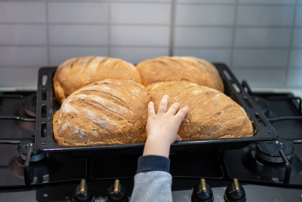 la cocción en casa el pan recién horneado en la bandeja la mano de los niños lo alcanza
 - Foto, Imagen