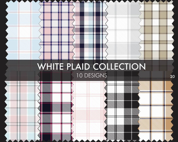 Bílá broušená, kostkovaná, tartanová kolekce vzorů obsahuje 10 vzorů vhodných pro módní textil a grafiku - Vektor, obrázek