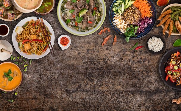 Asian food background with various ingredients on rustic stone background , top view. - Fotoğraf, Görsel
