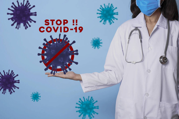 Arzt mit Mund- und Nasenmaske und Handbewegungen stoppen epidemischen Coronavirus-Schutz oder Covid-19. - Foto, Bild