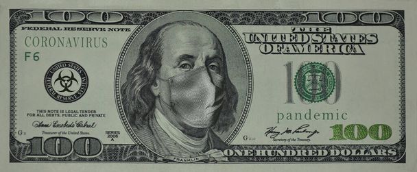 100 dollar, Franklin met een medisch masker op zijn gezicht. - Foto, afbeelding