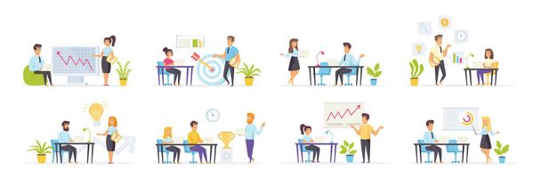 Coaching and mentoring set with people characters in various scenes. Business trainer teaching audience at seminar. Business motivation and career growth. Bundle of business training in flat style. - Vector, Image