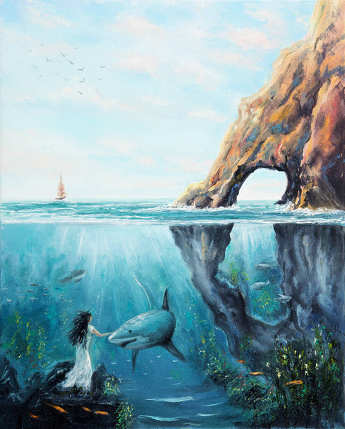Original  oil painting showing the two worlds of the ocean.Fairy woman petting  a shark.Modern Impressionism, modernism,marinis - Photo, Image