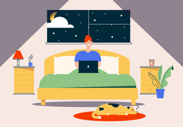 Character work from home. Stay home and safe. Flat vector illustration. Remote work concept - Vector, Image