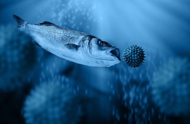 Ψάρια που κολλάνε έναν μεγάλο ιό του στέμματος κάτω από τη μολυσμένη βαθιά μπλε θάλασσα. April Fish αστείο έννοια - Φωτογραφία, εικόνα