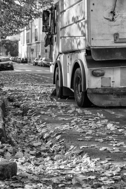 Street cleaning vehicles clean from leaves in autumn. - Photo, Image
