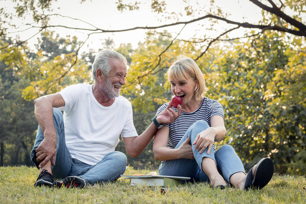 Senioren-Paare schenken sich gemeinsam im Park fröhlich Äpfel. Konzept eines älteren Liebhabers. Senior schenkt sich mit lachenden Gesichtern und glücklichen Augen einen Apfel. - Foto, Bild