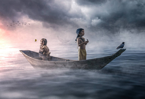 Escena dramática de dos niños perdidos a la deriva en el océano - Foto, Imagen
