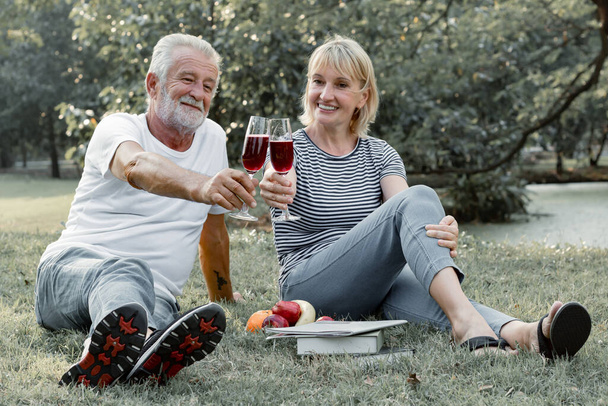 Couple elderly were drinking together on the anniversary celebration of love. Couple seniors sipping wine fruity together with happy face in the park. Concept of an elderly lover. - Photo, Image