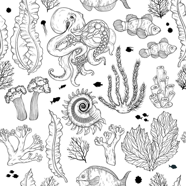 Seamless pattern with sketch of deepwater living organisms, fish and octopus. Black and white - Vektor, Bild