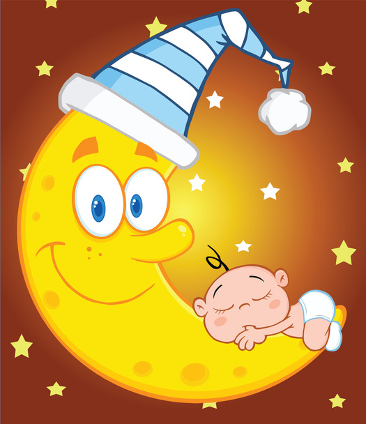 Cute Baby Boy Sleeps On The Moon With Sleeping Hat Over Sky With Stars - 写真・画像