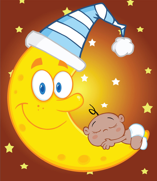 afroamericano bebé niño duerme en la luna sobre cielo con estrellas
 - Foto, imagen