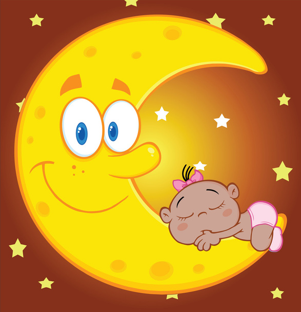 Cute African American Baby Girl Sleeps On The Smiling Moon - 写真・画像