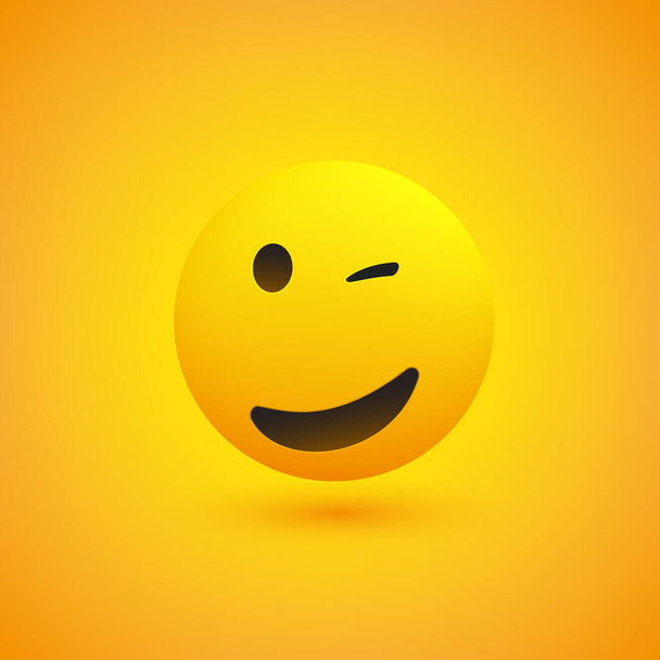 Smiling and Winking Emoji - Simple Shiny Happy Emoticon on Yellow Background - Vector Design - Vektör, Görsel