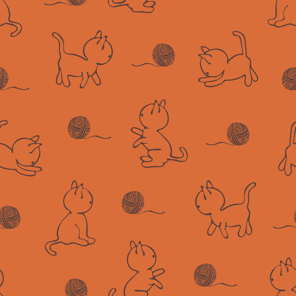 Kahverengi arka planda iplik yumağıyla oynayan komik çizgi film kedilerinin kusursuz vektör deseni. Paslı turuncu kedi duvar kağıdı tasarımı. - Vektör, Görsel