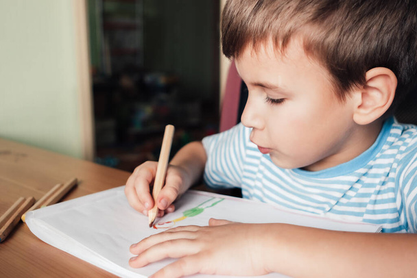 Cute boy drawing picture in album, home education - Photo, image